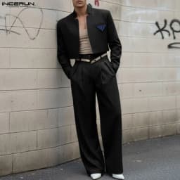 INCERUN Men Sets Striped Long Sleeve Open Stitch Crop Blazer & Pants Two Pieces Sets Streetwear Elegant Fashion Men Casual Suits