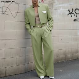 INCERUN Men Sets Striped Long Sleeve Open Stitch Crop Blazer & Pants Two Pieces Sets Streetwear Elegant Fashion Men Casual Suits