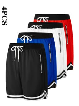Set of 4 Men'S Casual Athletic Shorts Featuring Multi-Colored Zipper Pockets - Regular Fit, Slightly Stretchy Material, Solid Hue, Perfect for Basketball And Other Sports, Casual Style, Zippered Shorts, Athletic Shorts Set