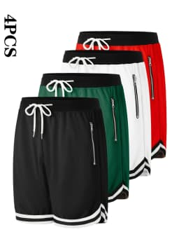 Set of 4 Men'S Casual Athletic Shorts Featuring Multi-Colored Zipper Pockets - Regular Fit, Slightly Stretchy Material, Solid Hue, Perfect for Basketball And Other Sports, Casual Style, Zippered Shorts, Athletic Shorts Set