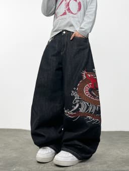 American Retro Dragon Embroidery Design Black Men's Loose Jeans Y2K Street Hip-Hop Trendy Versatile Wide-Leg Pants