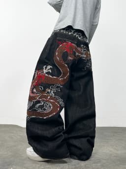 American Retro Dragon Embroidery Design Black Men's Loose Jeans Y2K Street Hip-Hop Trendy Versatile Wide-Leg Pants