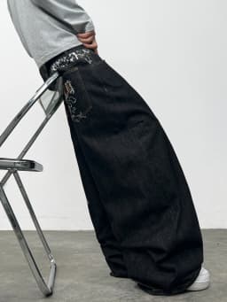 American Retro Dragon Embroidery Design Black Men's Loose Jeans Y2K Street Hip-Hop Trendy Versatile Wide-Leg Pants