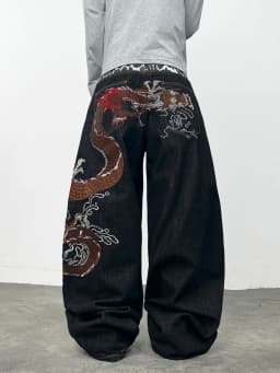 American Retro Dragon Embroidery Design Black Men's Loose Jeans Y2K Street Hip-Hop Trendy Versatile Wide-Leg Pants