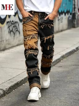 【HME】Men's Jeans | Straight‑Fit Deconstructed Denim Pants, vintage Mud‑Wash Two‑Color Spliced Denim Trousers, Exposed Frayed Tassel Seams, Classic Five‑Pocket Construction, Durable Fabric Fashion Men Casual Pants