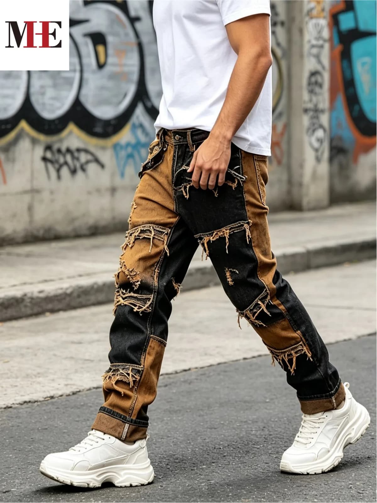 【HME】Men's Jeans | Straight‑Fit Deconstructed Denim Pants, vintage Mud‑Wash Two‑Color Spliced Denim Trousers, Exposed Frayed Tassel Seams, Classic Five‑Pocket Construction, Durable Fabric Fashion Men Casual Pants