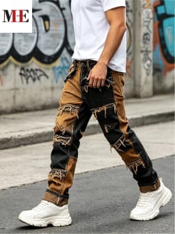 【HME】Men's Jeans | Straight‑Fit Deconstructed Denim Pants, vintage Mud‑Wash Two‑Color Spliced Denim Trousers, Exposed Frayed Tassel Seams, Classic Five‑Pocket Construction, Durable Fabric Fashion Men Casual Pants
