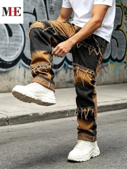 【HME】Men's Jeans | Straight‑Fit Deconstructed Denim Pants, vintage Mud‑Wash Two‑Color Spliced Denim Trousers, Exposed Frayed Tassel Seams, Classic Five‑Pocket Construction, Durable Fabric Fashion Men Casual Pants
