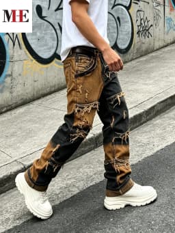 【HME】Men's Jeans | Straight‑Fit Deconstructed Denim Pants, vintage Mud‑Wash Two‑Color Spliced Denim Trousers, Exposed Frayed Tassel Seams, Classic Five‑Pocket Construction, Durable Fabric Fashion Men Casual Pants