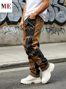 【HME】Men's Jeans | Straight‑Fit Deconstructed Denim Pants, vintage Mud‑Wash Two‑Color Spliced Denim Trousers, Exposed Frayed Tassel Seams, Classic Five‑Pocket Construction, Durable Fabric Fashion Men Casual Pants