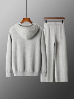 Men's Two-piece Sets 100% Merino Wool Knitting Hooded Collar Cardigan and Wide-leg Pant Autumn Winter Thickened Warm Clothing