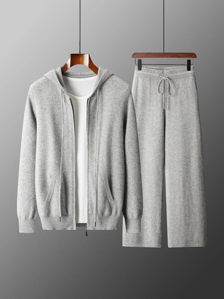 Men's Two-piece Sets 100% Merino Wool Knitting Hooded Collar Cardigan and Wide-leg Pant Autumn Winter Thickened Warm Clothing