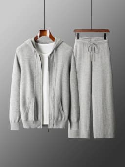 Men's Two-piece Sets 100% Merino Wool Knitting Hooded Collar Cardigan and Wide-leg Pant Autumn Winter Thickened Warm Clothing