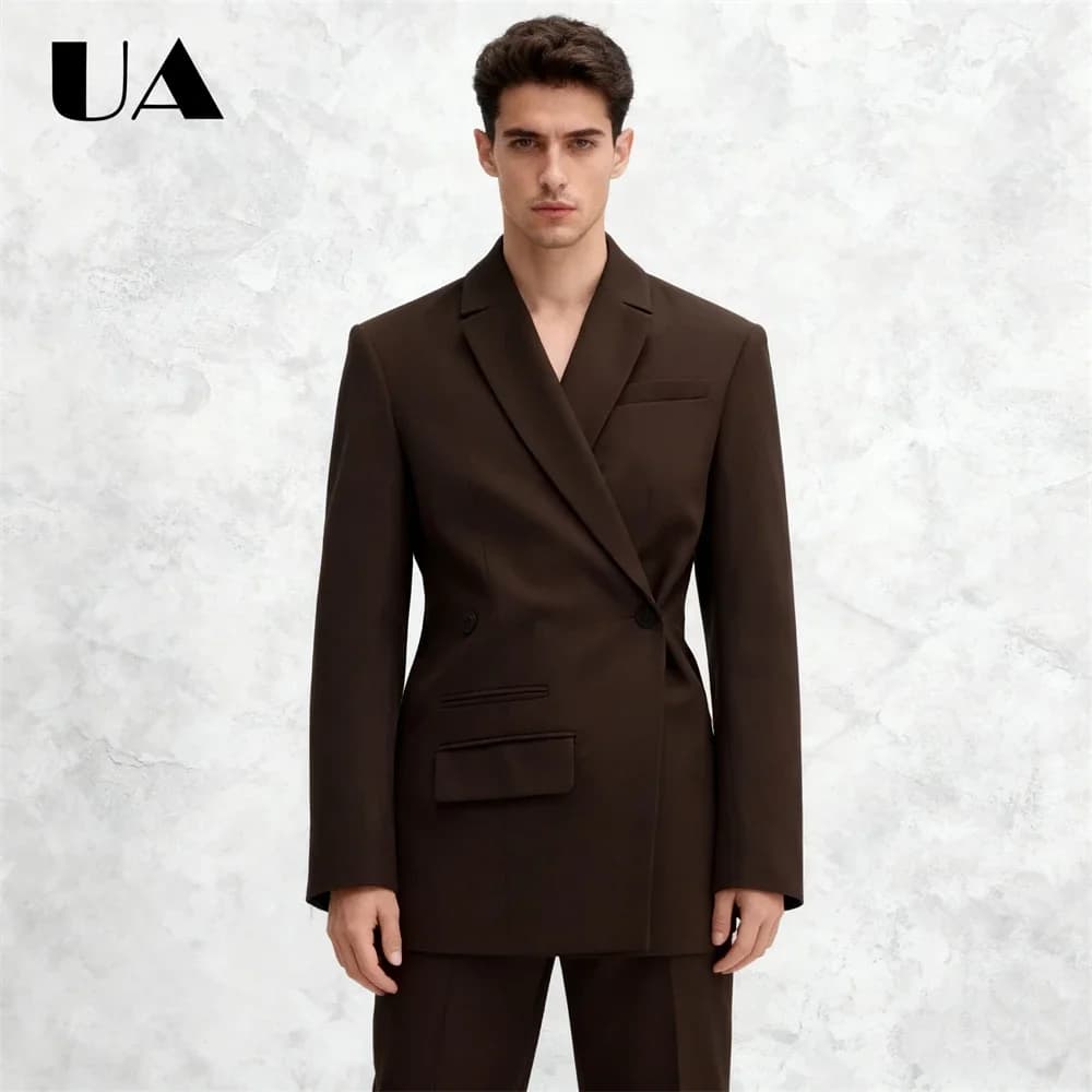 Side Button 2-Piece Mens Suit Attire Brown Long Suit Jacket with Matching Pants XXS-7XL Smart Fashion Tuxedo Blazer Trousers