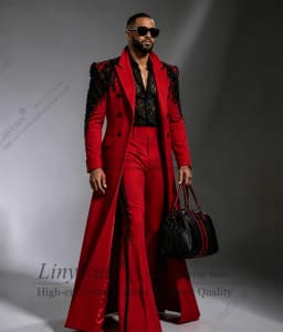Super Fashionable Wedding Tuxedos 2 Piece Set Plus Size Men Suit Fashion Long Coat Jacket Pants Groom Evening Blazers Customized