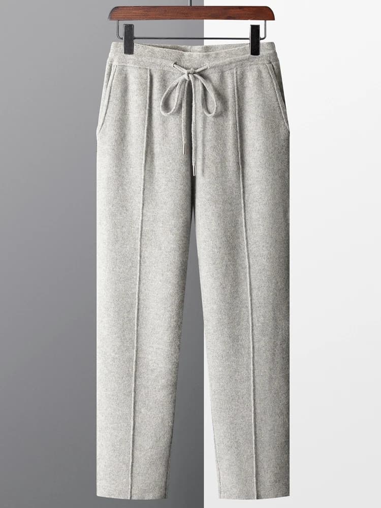 100% Wool Men's Knitted Long Pants Autumn Winter Thickened Slim Fitting Solid Color Warm Flat Corner Pants Leisure