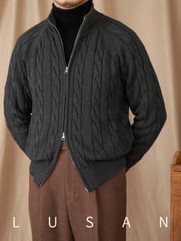 Pure Cotton Knitted British Thickened High Weight Twist Double Zipper Cardigan with Vertical Collar Sweater Jacket