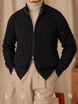 Pure Cotton Knitted British Thickened High Weight Twist Double Zipper Cardigan with Vertical Collar Sweater Jacket