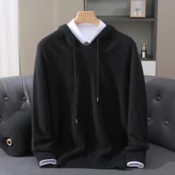 Autumn Winter New 100% Mink Cashmere Sweater Men's Solid Color Hooded Pullover Knitted Sweater Loose Casual Top For Outdoor Wear