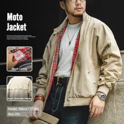Maden Men's Vintage Khaki Jackets Retro Work Stand-collar Moto Jacket Casual Zippered Autumn and Winter Coat for Unisex Outwear