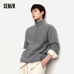 Semir Hoodie Men Warm Half-Open Placket Fleece Top Outdoor Patchwork Textured Stand Collar 2025 Winter New Men's Clothing