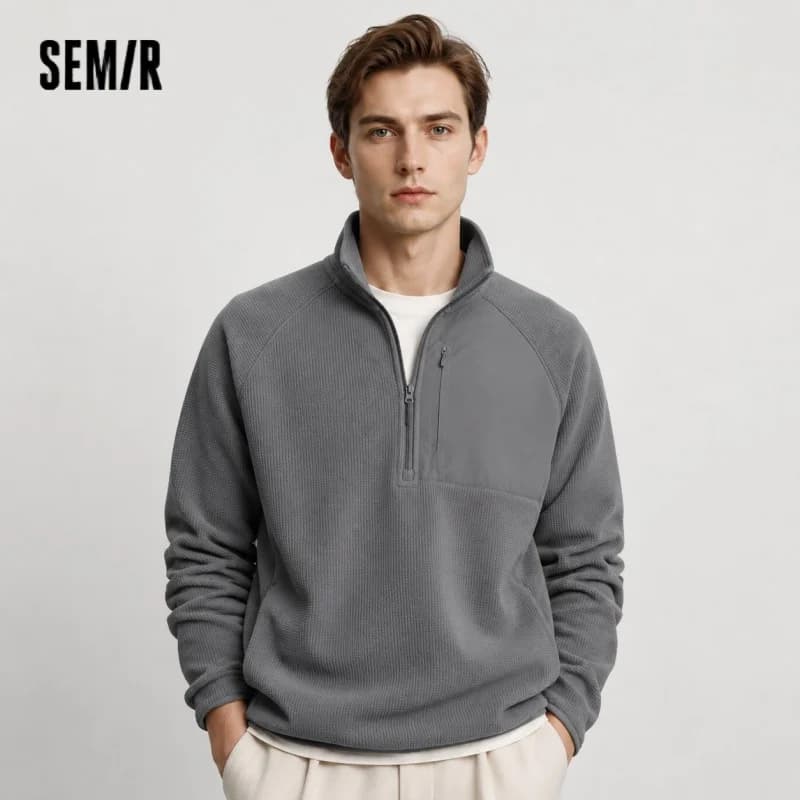 Semir Hoodie Men Warm Half-Open Placket Fleece Top Outdoor Patchwork Textured Stand Collar 2025 Winter New Men's Clothing