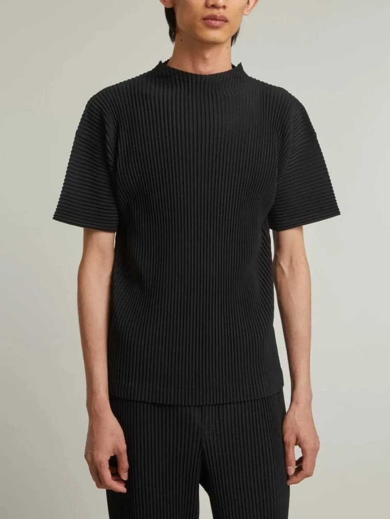 Miyake Japanese Pleated Mock Neck T Shirt Men New Short Sleeve Casual Top