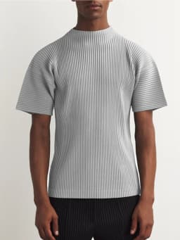 Miyake Japanese Pleated Mock Neck T Shirt Men New Short Sleeve Casual Top