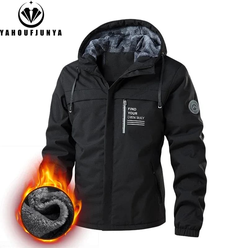 2025 New Spring Men Outdoor Hooded Windbreak Fleece Jacket Coats Men Autumn Warm Outwear Casual Fashion Solid Jacket Male Tops