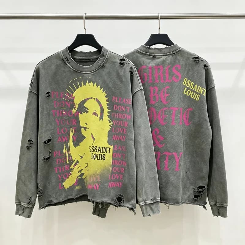 Water Washed Hole Damaged SSSAINT LOUIS Holy Female Print Sweatshirts Men Women Loose High Quality Round Neck Sweatshirts Tops