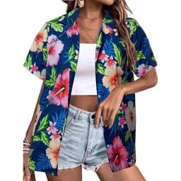 New Women's Short Sleeve T-shirt Fashion 3D Floral Print Hawaiian Style Casual Basic T-shirt Summer Lapel Short Sleeve Shirt