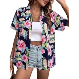 New Women's Short Sleeve T-shirt Fashion 3D Floral Print Hawaiian Style Casual Basic T-shirt Summer Lapel Short Sleeve Shirt