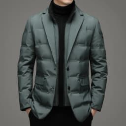 Men's Solid Color Detachable Stand Collar Long Sleeve Casual Business Trendy Down Coats Winter New Fashion Suit Blazers Clothes