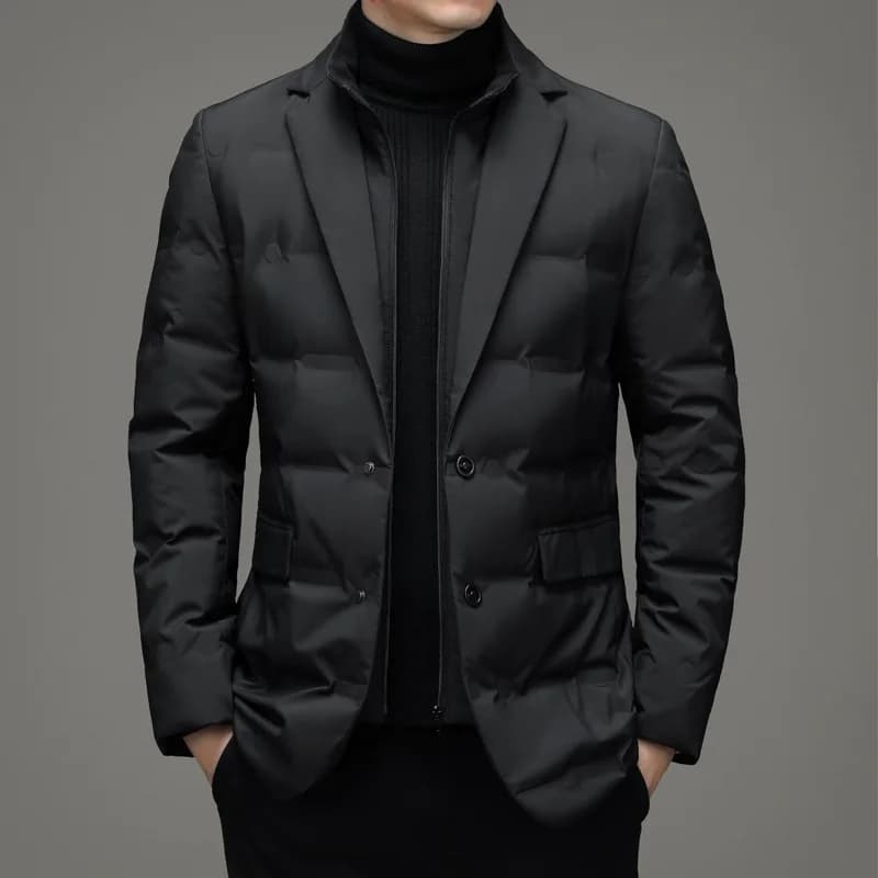Men's Solid Color Detachable Stand Collar Long Sleeve Casual Business Trendy Down Coats Winter New Fashion Suit Blazers Clothes