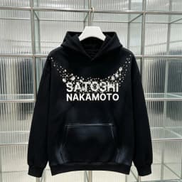 Oversize Balck Satoshi Hoody Retro Spray Dirty Rhinestone Button Stud Necklace Logo Hooded Sweatshirts 2XL Men Women Streetwear