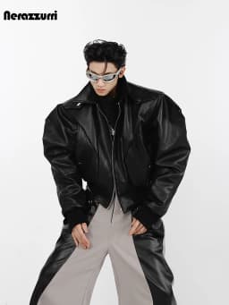 Nerazzurri Spring Autumn Cool Short Oversized Black Soft Pu Leather Jacket Men with Shoulder Pads Luxury Designer Coat 2023
