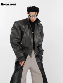 Nerazzurri Spring Autumn Cool Short Oversized Black Soft Pu Leather Jacket Men with Shoulder Pads Luxury Designer Coat 2023