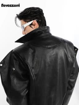 Nerazzurri Spring Autumn Cool Short Oversized Black Soft Pu Leather Jacket Men with Shoulder Pads Luxury Designer Coat 2023
