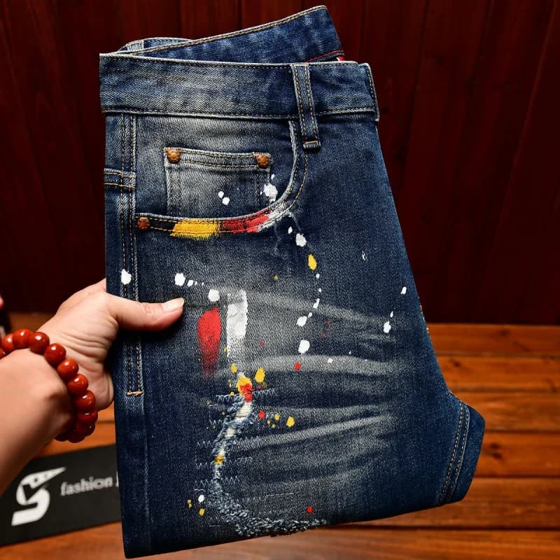 Paint Print Retro Jeans for Men Street Style Trendy Handsome Men's Clothing Distressed Slim Fit American Style Men's Pants