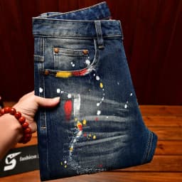 Paint Print Retro Jeans for Men Street Style Trendy Handsome Men's Clothing Distressed Slim Fit American Style Men's Pants