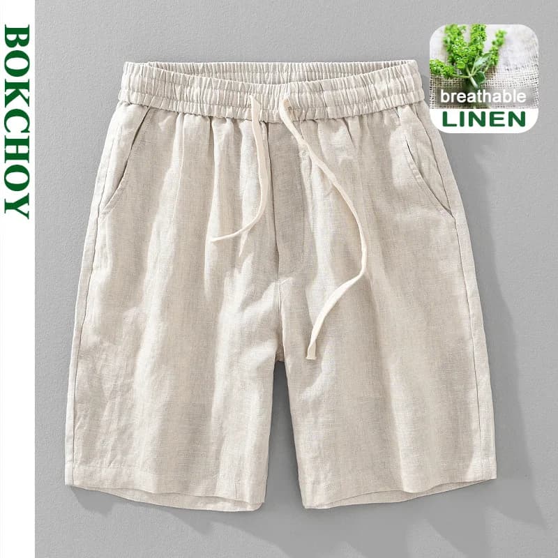 Summer New Casual Breathable Pure Linen Shorts for Men Clothing Straight Solid Color Summer Pants EC1362