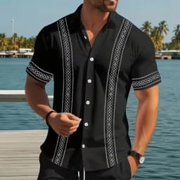 Men's Striped Geometric Shirt Button Up Short Sleeve 3D Print Turndown Shirt Black White Khaki