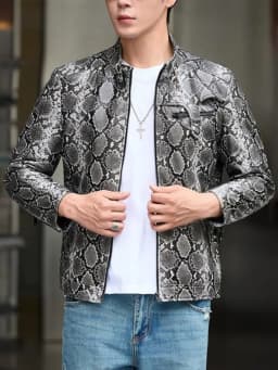 Youth Fashion Snake Pattern Zipper Genuine Leather Short Jacket Trendy Male Mix Color Long Sleeves Slim Sheepskin Outerwear