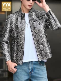 Youth Fashion Snake Pattern Zipper Genuine Leather Short Jacket Trendy Male Mix Color Long Sleeves Slim Sheepskin Outerwear