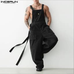INCERUN Men Jumpsuits Solid Corduroy Sleeveless Casual Straps Rompers Men Streetwear Loose Pockets 2025 Fashion Cargo Overalls