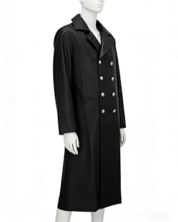 Men's double-breasted PU leather windproof coat with a turned-down collar, long sleeves and knee-length, black windproof coat