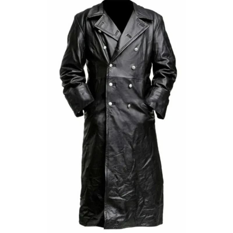 Men's double-breasted PU leather windproof coat with a turned-down collar, long sleeves and knee-length, black windproof coat