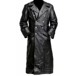 Men's double-breasted PU leather windproof coat with a turned-down collar, long sleeves and knee-length, black windproof coat