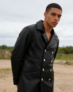 Men's double-breasted PU leather windproof coat with a turned-down collar, long sleeves and knee-length, black windproof coat