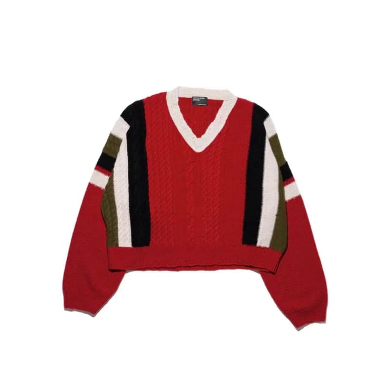 American Retro Color Blocking V-neck Knitted Wide Pullover Sweater for Men Women Sweaters